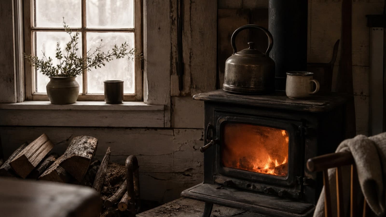 Brewing Coffee on a Wood Stove in Winter