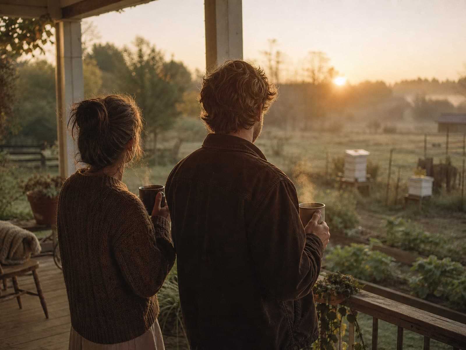 Sunrise over a saltbox homestead with a barn, chickens, and a goat in the farmyard