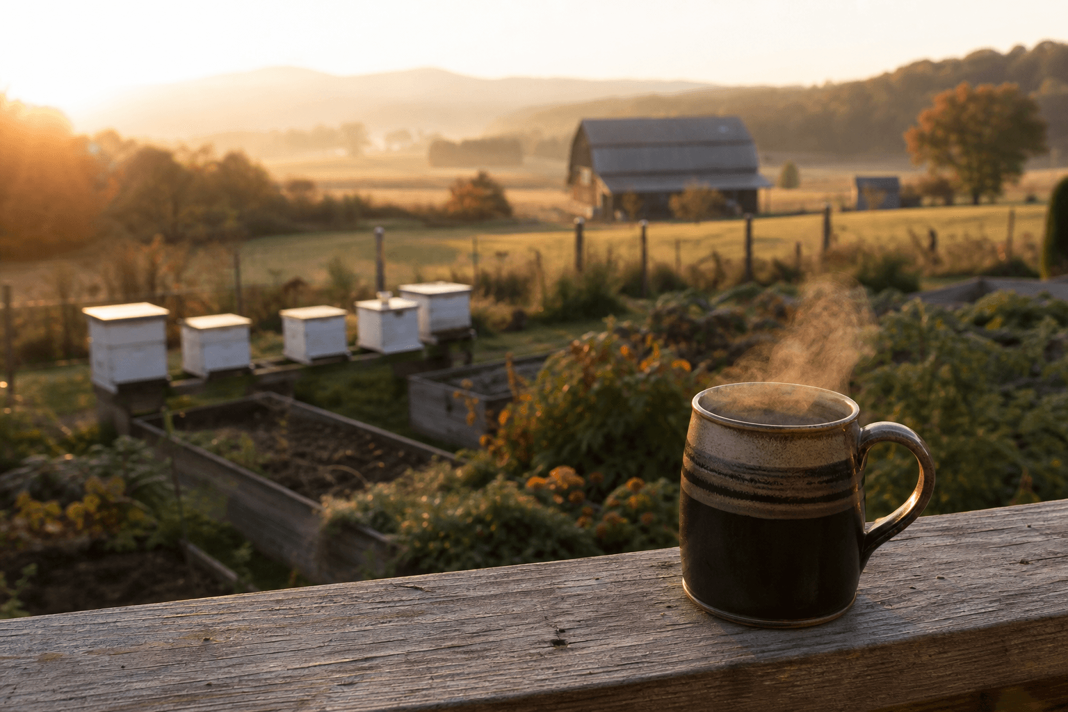 Steaming mug of coffee on a homestead porch at sunrise, with beehives and garden beds in the soft morning light
